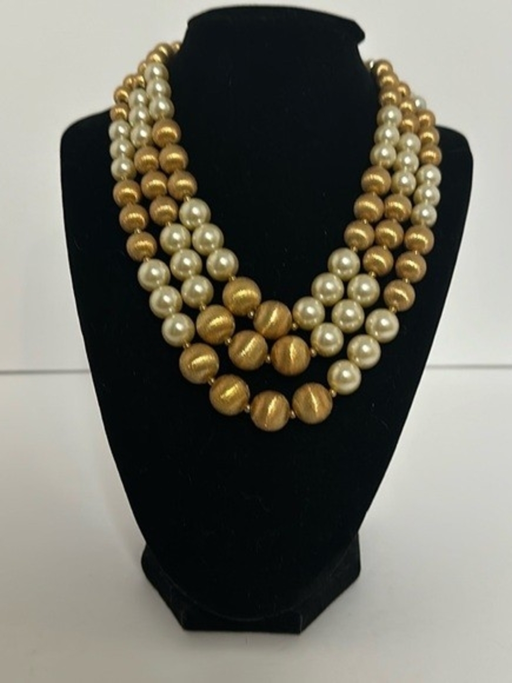 Vintage 1950’s Signed Napier 3 Strand Faux Pearl & Gold Tone Bead Necklace